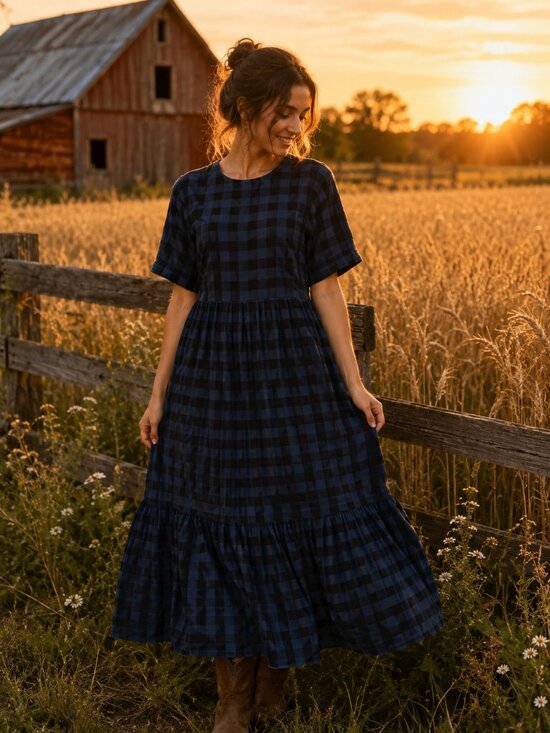 Handmade Dresses & Skirts - 💙🖤 Handmade Cotton Blend Gingham Maxi Dress | Cottagecore Farmhouse Charm
